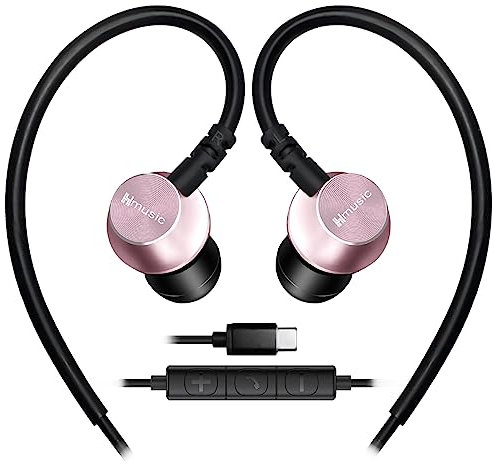 Hmusic Auriculares Deportivos con Cable y micrófono, Auriculares internos USB Tipo C con Gancho sobre la Oreja para Deportes, Correr, Entrenamiento, Ejercicio, Gimnasio (Rosa)