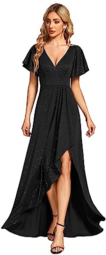 Ever-Pretty Robe de Soirée Femme Longue Col V Manches Courtes Fendue Asymétrique A Line Chic Bordeaux 48