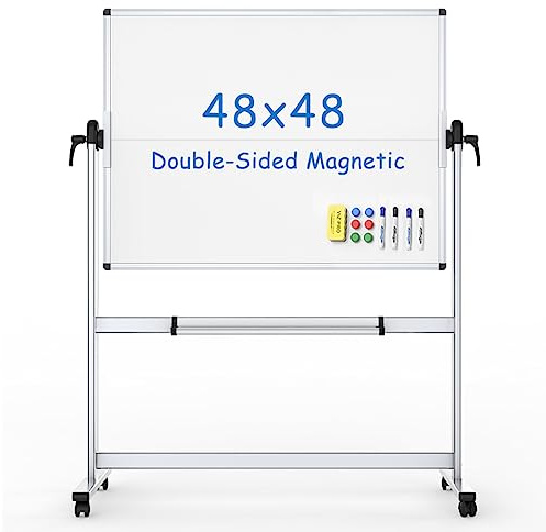 VIZ-PRO Double-Sided Mobile Whiteboard, 48 x 48 Inches, Magnetic Rolling Dry Erase White Board on Wheels with Aluminium Frame and Stand 4' x 4'