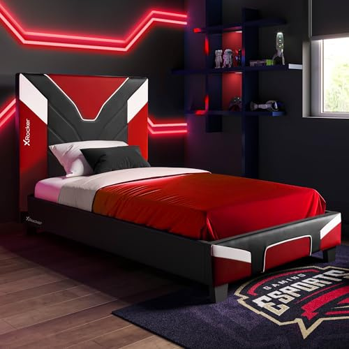 X-Rocker Cerberus - Cama para juegos, marco de cama individual de 91 cm, listones de madera, cabecero tapizado de piel sintética sintética, estribo bajo, ideal para adolescentes, niños, inspirado en