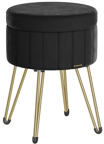 SONGMICS Runder Sitzhocker, Hocker mit Stauraum, Samt Schminktisch Hocker, 39 cm d, 44,4 cm H, 4 Metallbeine, für Ankleidezimmer, Wohnzimmer, Schlafzimmer, tintenschwarz LOM003B01