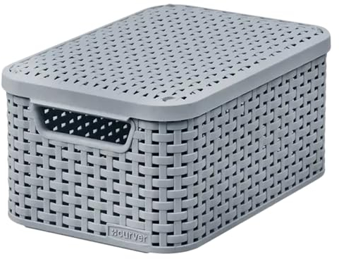 Curver Rattan Style Aufbewahrungsbox mit Deckel, Aufbewahrungskorb, Kunststoff, Aus Recyclingmaterial in mindestens 70% (Hellgrau, S: 28,5 x 19,4 x 13 cm)