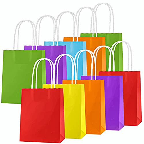 OWill 10 Pcs Party Bags, 6 Colors Paper Gift Bags with Handles,Childrens Kraft Paper Party Bags for Kids Party,Birthday,Coloured Paper Bags Supplies -15×8×21 cm(10pcs Colored)