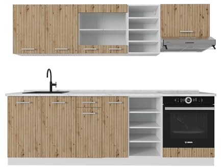 Vicco Küchenzeile R-Line, Küchenblock, Artisan Eiche/Weiß, 240 cm, AP Marmor