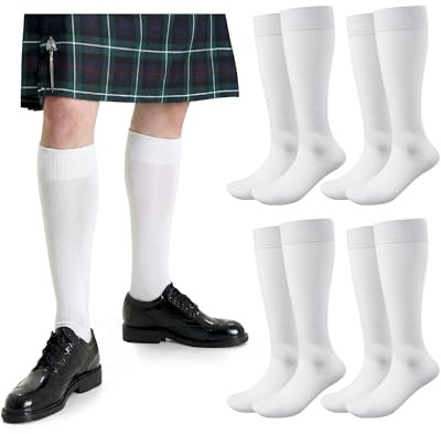 Chuarry 4 Pairs Scottish Highland Kilt Hose for Men Traditional Scottish White Cotton Knee High Socks for Men