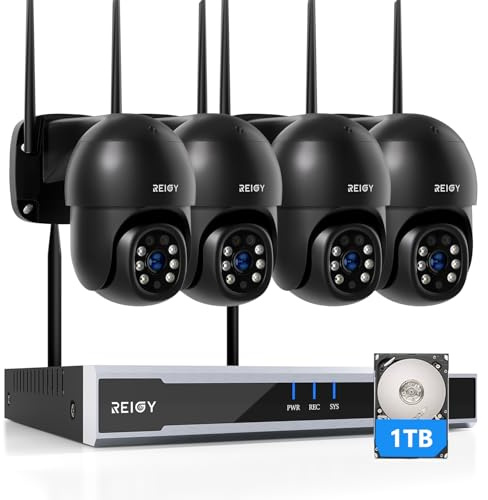 REIGY 8MP Kit Camara de Vigilancia WiFi Exterior Preinstalación del Disco Duro 1TB, 4K Sistema de Seguridad 4X 2160P PT CAM y 16CH NVR, Visión Nocturna Colorida Seguimiento de Movimiento Audio 2-Way