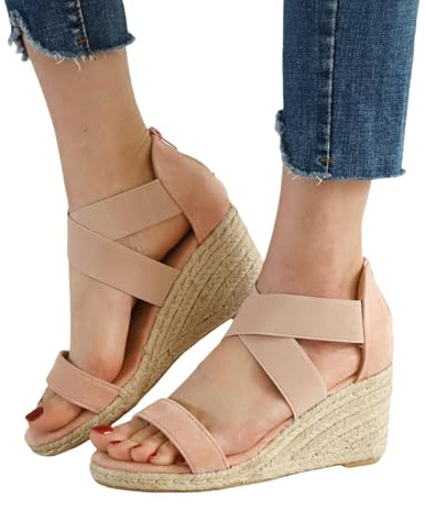 ZHOUYF Women's Espadrilles Wedge Sandals Summer Open Toe Platform Dressy Sandals Elastic Ankle Strap Comfortable Beach Shoes