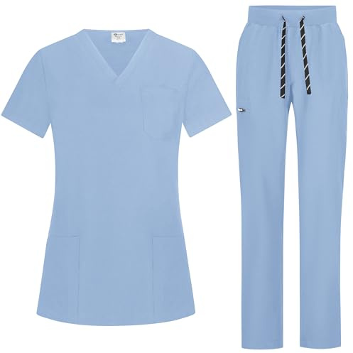 B-well BELLA Unisex skrubbset slip-väska + slip-on-byxor, set med läkare, topp med byxor, medicinska arbetskläder med elastan, Ljusblå, S