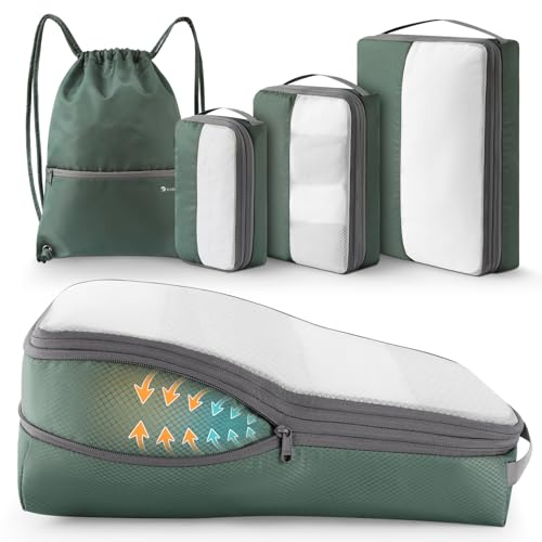 kookoomia 4 Teilige Kompression Koffer Organizer Packing Cubes Compression Packwürfel Set Kleidertaschen Packtaschen Kofferorganizer Reiseorganizer für Koffer Rucksack (Grün)