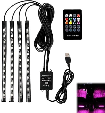 Vxiwscy Illuminazione LED per interni auto 4 x 12 - USB RGB Luce atmosferica con telecomando a infrarossi, dimmerabile e 8 colori per un'illuminazione suggestiva in auto e a casa nera