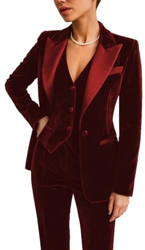 Lot de 3 pantalons en velours pour femme - Blazer de fête formelle - Pour le bureau, le travail, bordeaux, S