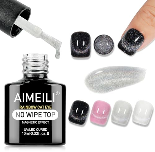 AIMEILI Cat Eye Gel Nail Lack Top Coat, 2 i 1 Rainbow Glitter No Wipe Top Coat - Shine Finish och långvarig, blöta av Nail Art Manikyr 10ML