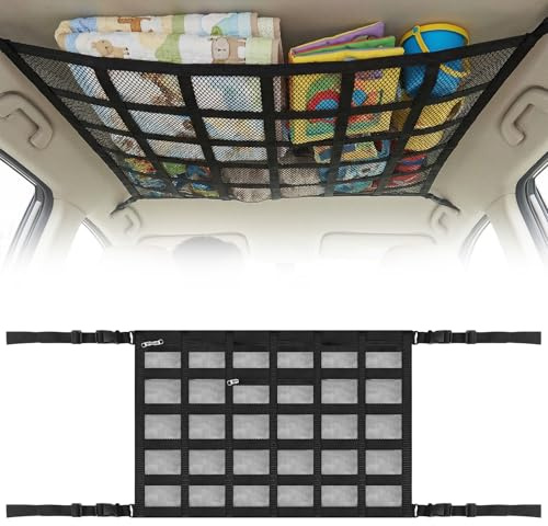 Viapriod Rete Portaoggetti da Soffitto per Auto, 90 × 65 cm, con Cinghie a Croce Regolabili e 2 Tasche a Rete, per Coperte e Vestiti, Accessori Campeggio per SUV, Van e Viaggi su Strada