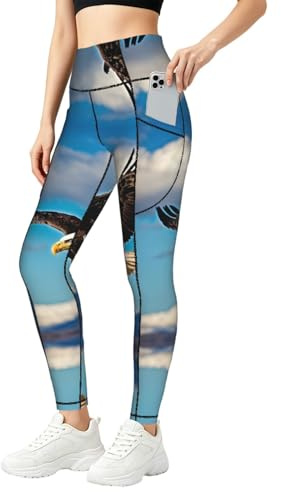 Flygande örn tryck leggings för kvinnor, träningsset med fickor, för gym, fitness och vardagskläder, Svart, 4XL