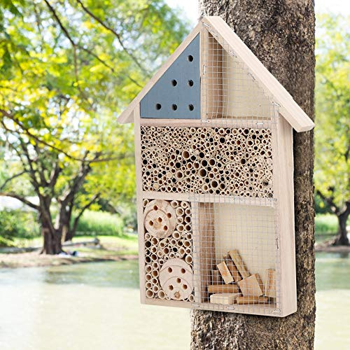 Xiuganpo Träbihus, Naturligt Platan Träkonstruktion Pollinatorhus, Trädgårdsskydd med Rörformade Tunnlar och Naturliga Vassfack för Solitary Bin Fjärilar Trädgård