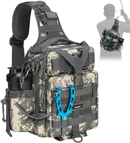 Piscifun Fishing Tackle Bag with Rod & Gear Holder, Lightweight Sling Bag Storge Gear and Equipment, Camouflage