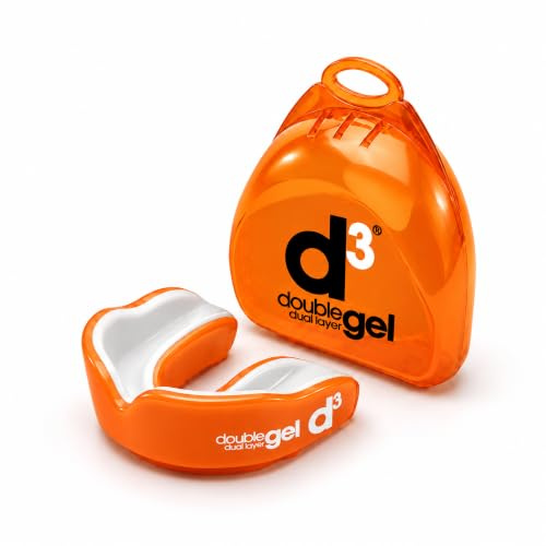 d3 Double Gel Mouthguard wth Case, Adults and Junior Gum Shield for Boxing, MMA, Contact Sports, Rugby, Martial Arts, Judo, Karate, Hockey (Orange/White, Youth (Under 12))