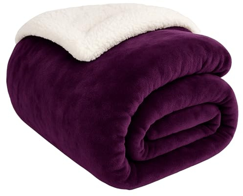 EDS Sherpa Fleece Throw Blanket Double Size Super Soft Warm Sofa Throw Reversible Bed Throws For Bed Sofa Couch - Aubergine King 200 X 240