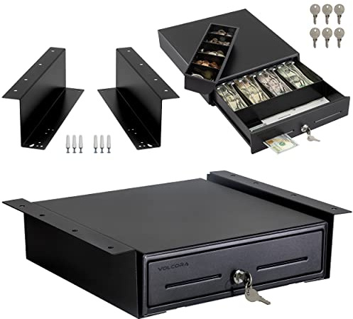 Volcora 13 Electronic Cash Register Drawer with Under Counter Mounting Metal Bracket - POS, 4 Bill 5 Coin Cash Tray, Removable Coin Compartment, 12-24V RJ11/RJ12 Key-Lock, Media Slot, Black