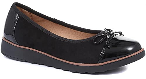 Pavers Womens Leather Ballet Pumps in Black Patent - Casual Flats - Comfort Footwear with High Shine Toe Cap & Delicate Bow Detail - Size UK 5 / EU 38