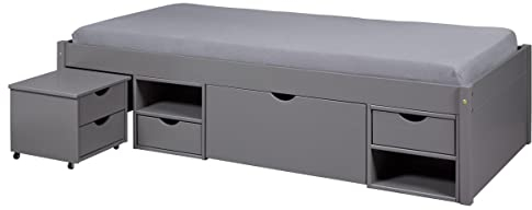 Inter Link - Einzelbett mit Schubladen – 90 x 200 cm – Kojenbett mit Stauraum – Praktisches Jungendbett – Kiefer massivholz – Grau lackiert – Platzsparendes Jugendzimmer Einzelbett – Till 90 x 200cm
