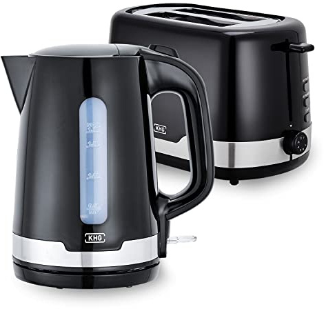 KHG Wasserkocher und Toaster Set 2-teilig | 2.200 & 850 Watt | Frühstücksset mit Kapazität 1,7 Liter & 2 Scheiben Toast | Küchenset mit Kalkfilter & Krümmelauffang - SCHWARZ