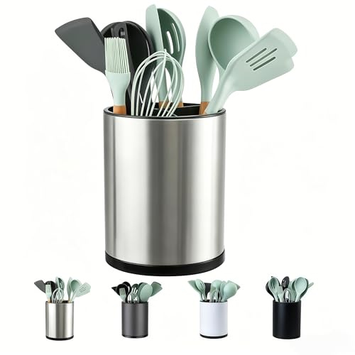 LIBODOUR Kitchen Utensil Holder Extra Large 360°Rotating For Counter Organizer Stainless Steel Storage Cooking Silverware Caddy 3 Compartment Flatware Spoon Spatula Tool Cutlery Container（Silvery）