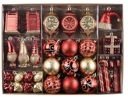 Valery Madelyn Weihnachtskugeln,100 stück Christbaumkugeln Weihnachtskugel mit Geschenkpaket, Weihnachtsbaumschmuck Christbaumschmuck mit Aufhänger,deko Weihnachten,Thema Rot Gold