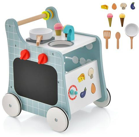 COSTWAY 6-i-1 gåstol av trä, läromedel med lekkök, lärour, formjustering och rörliga skjutreglage, barnkök baby walker med hjul för barn från 1 år (blå)