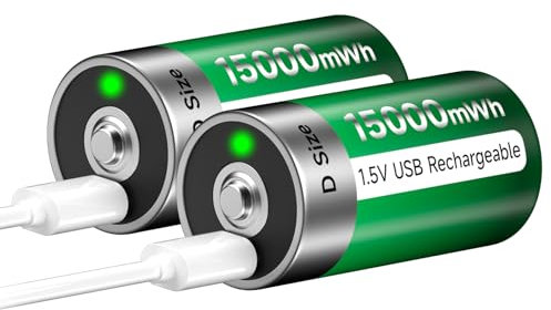Batería USB D recargable de litio/15.000 mWh – 1,5 V D celdas pilas recargables baterías carga rápida en 4 horas con cable de carga tipo C, protección contra sobrecarga (2 unidades)