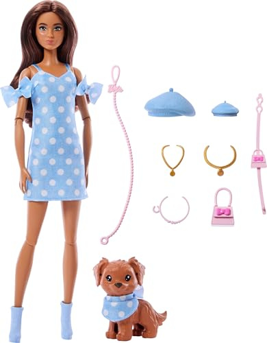 Barbie Twinning Looks Muñeca con perro mascota con ropa azul de lunares a juego y accesorios como boinas y bolsos, pelo castaño, JFP38