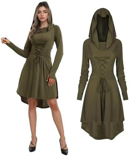 JDFAIJEAL Vestido gótico medieval para mujer, disfraz retro renacentista con capucha de manga larga, disfraz de elfo para Halloween, carnaval (verde militar, XXL)