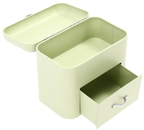 Green Iron Bread Bin UK Large Capacity Drawer Style Bread Box Double Layer Storage Kitchen Countertop Organisation Rust Proof Bread Keeper Compact 26cm Deep Worktop Saver Keep Bread Fresh Hand Wipe Cl