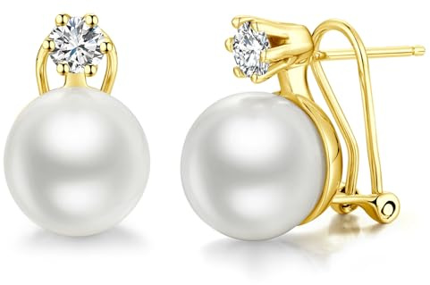 Orecchini Perle Argento Sterling 925 Orecchini a Bottone con Perle per Donna Perla Zirconi Gioielli Regali Perla Bianche 13 mm Placcati oro