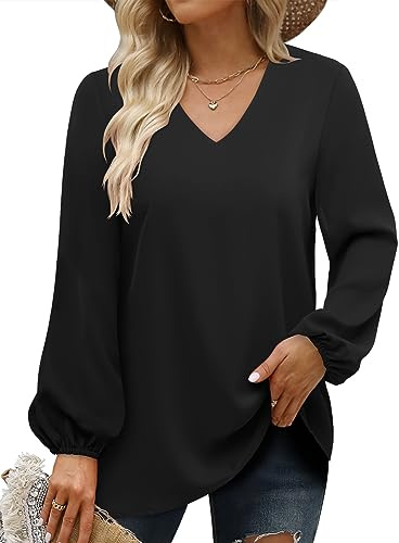 CHICZONE Women Shirt Long Balloon Sleeve V Neck Blouses Ladies Fall Work Cute Solid Loose Trendy Tops Black