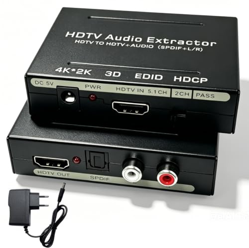 HDMI Audio Extractor, HDMI Audio Splitter, SPDIF/LR Optisk adapter med RCA-stereoutgång, 4K60Hz omvandlare för PS5, PS4, bärbara datorer, bildskärm, Blu-ray-spelare, kompatibel med HDMI 2.0, HDCP 2.2