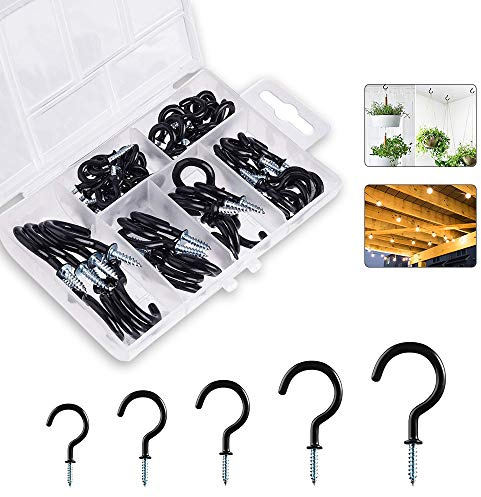 Screw Hooks Heavy Duty, 53 Pcs(5 Sizes) Vinyl Coated Metal Cup Hook with Screw for Wood Wall Ceiling, Screw in Hooks for Hanging Key/Jewelry/Cups,with Plastic Case, Outdoor Indoor, Black