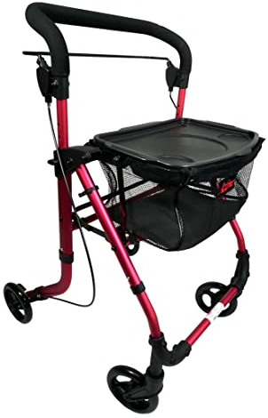 FabaCare Indoor Rollator ActimoHome, schmal mit Tablett, Leichtgewicht Wohnungsrollator faltbar, Heimrollator, bis 100 kg, Himbeerrot