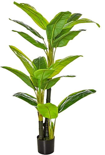 HOMCOM Albero di Banano Artificiale 150 cm in Vaso, Pianta Finta con 18 Foglie per Interno, Ufficio, Soggiorno, Camera da Letto, Verde