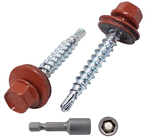 SKIR'CO (140 st) Takskruvar i metall, 4,8 x 35 mm målade självborrande skruvar med EPDM-brickor, sexkantshuvud (kopparbrun RAL 8004)