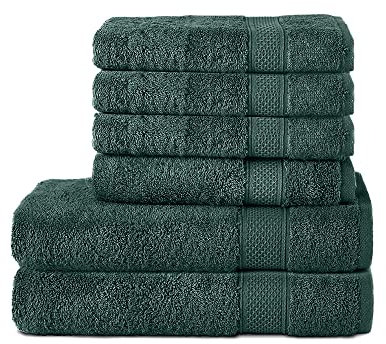 Komfortec 6er Handtuch Set aus 100% Baumwolle, 2er Badetücher 70x140 cm und 4er Handtücher 50x100 cm, Frottee, Weich, Dunkelgrün