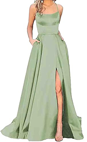 xxxiticat Damen Elegant Lange Ballkleider mit Taschen Satin A-Linie Backless Hochzeitskleid Abendkleider Sexy Neckholder Spaghetti Brautkleid Kleider Lang Prinzessin Brautjungfer Kleid (LG-L)