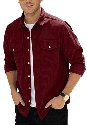 Camicie da uomo con bottoni in velluto a coste, giacche, camicie casual con tasca sul petto M-3XL, Rosso vinaccia, 3XL