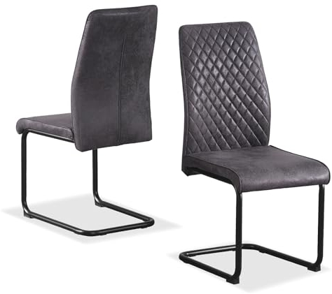 B&D home® Esszimmerstühle Theo 2er-Set – gepolsterte Freischwinger mit Rautensteppung, Wildlederoptik Anthrazit, ergonomische Sitzfläche, schwarzes Metallgestell, Industrial Design