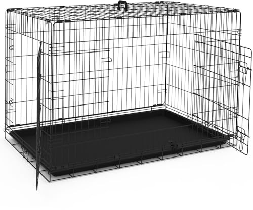 VOUNOT® Cage pour Chien Pliable avec 2 Portes Verrouillables et Plateau Amovible Cage Chien Pliante en Métal Cage de Transport pour Chien 122x75x81cm Noir