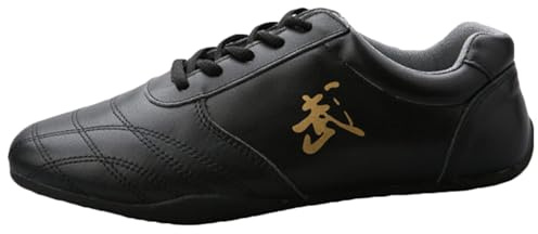 FJJLOVE Martial Arts Chaussures pour Hommes Femmes, en Cuir Taekwondo Formateurs Respirant Kung Fu Tai Chi Formateurs pour Sports Gym,Noir,42 EU