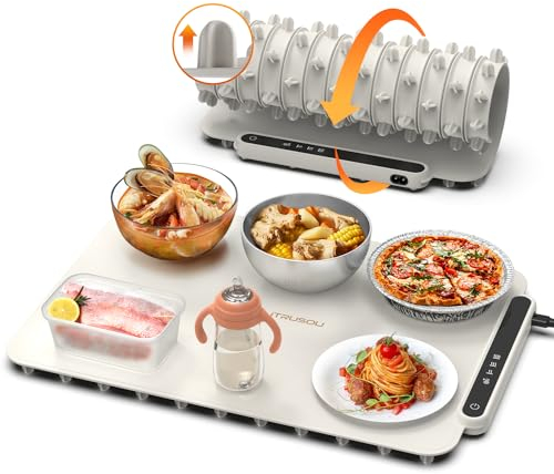 iTRUSOU Chauffe Plat Électrique, Plateau Chauffant Électrique Température Ajustable, Portable Pliable Chauffe-Assiette Alimentaire en Nano-Silicone pour Fêtes, Buffets, Réunions de Famille