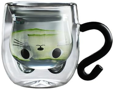 Volumoon Taza de Gato, Taza de Leche de Doble Pared, Taza de Capuchino, Vasos de Espresso de Doble Pared con Asa, Tazas Transparentes para Mujeres, Amantes de los Gatos Regalo Cumpleaños 300ML (Negro)