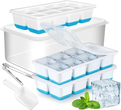 Stampo Grande per Ghiaccio con Contenitore, JRISBO 3 Pezzi Stampi per Cubetti Ghiaccio in Silicone Alimentare senza BPA, 4,5 cm Forma Grandi Vaschette Ghiaccio per Whisky Cocktail (Blu)