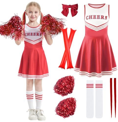 XLZJYIJ Disfraz de Animadora para Niños, Disfraz Cheerleader con Pompones, Barra de Gas, Accesorio para el Pelo y Calcetines, Traje Animadora Niña, Uniforme Porristas para Niñas para 8-14 Años